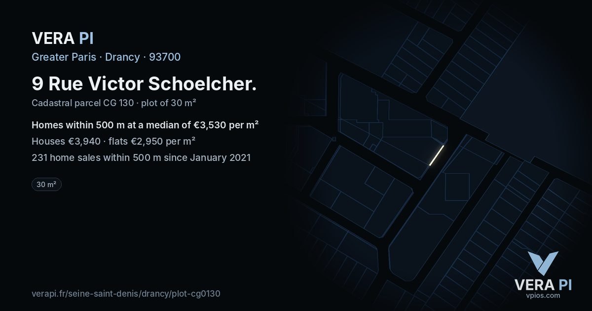 9 Rue Victor Schoelcher, Drancy at night – the plot lit, the parcels around coloured by the prices near them