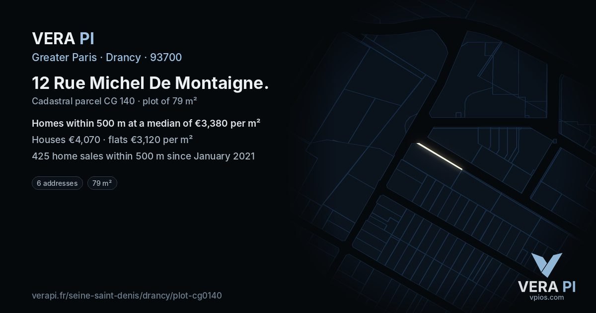 12 Rue Michel De Montaigne, Drancy at night – the plot lit, the parcels around coloured by the prices near them