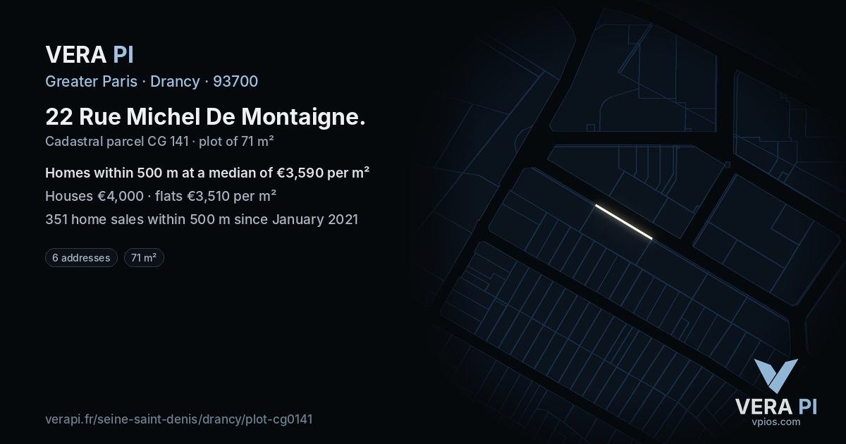 22 Rue Michel De Montaigne, Drancy at night – the plot lit, the parcels around coloured by the prices near them