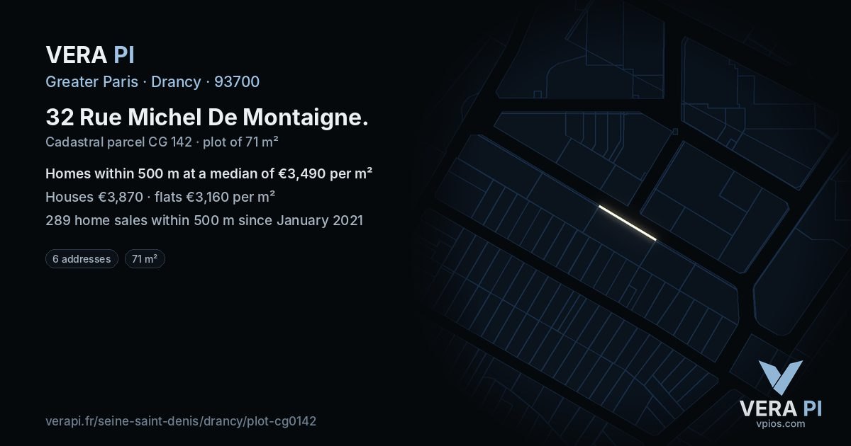 32 Rue Michel De Montaigne, Drancy at night – the plot lit, the parcels around coloured by the prices near them