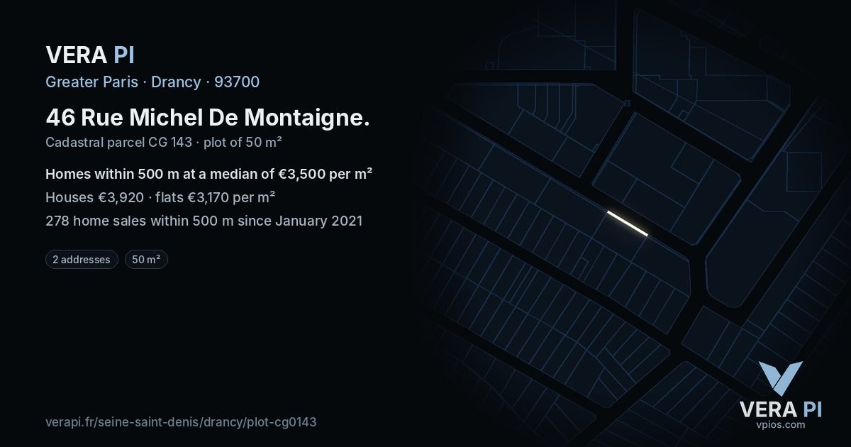 46 Rue Michel De Montaigne, Drancy at night – the plot lit, the parcels around coloured by the prices near them