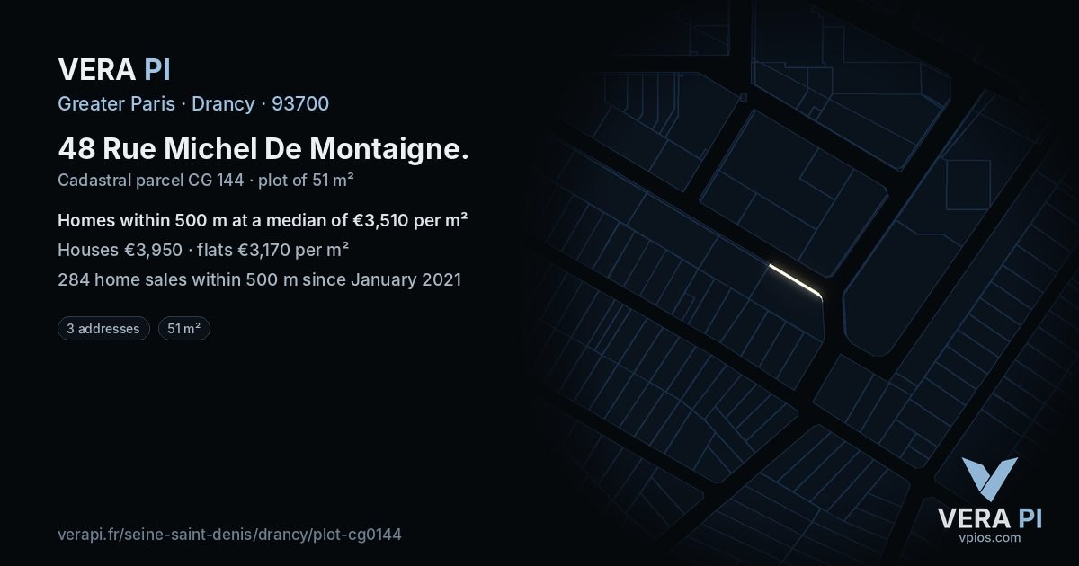 48 Rue Michel De Montaigne, Drancy at night – the plot lit, the parcels around coloured by the prices near them