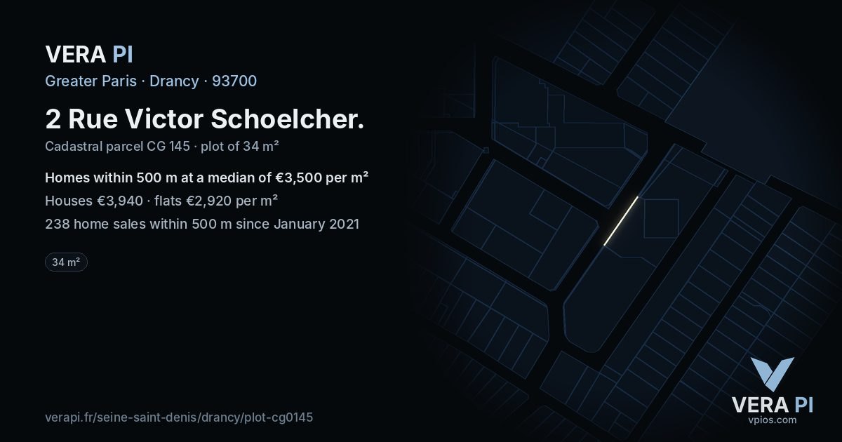 2 Rue Victor Schoelcher, Drancy at night – the plot lit, the parcels around coloured by the prices near them