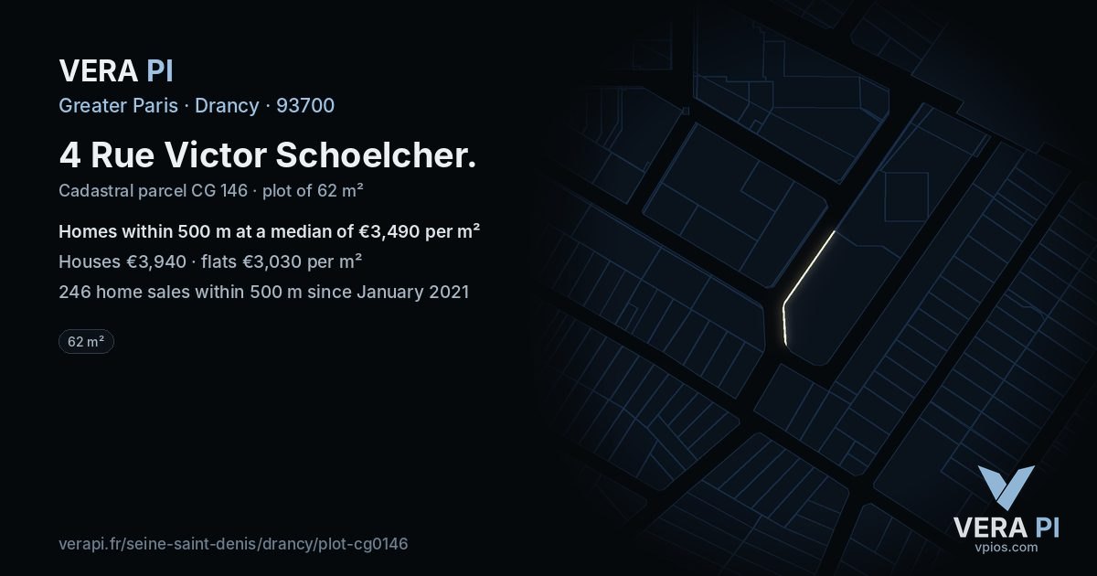 4 Rue Victor Schoelcher, Drancy at night – the plot lit, the parcels around coloured by the prices near them