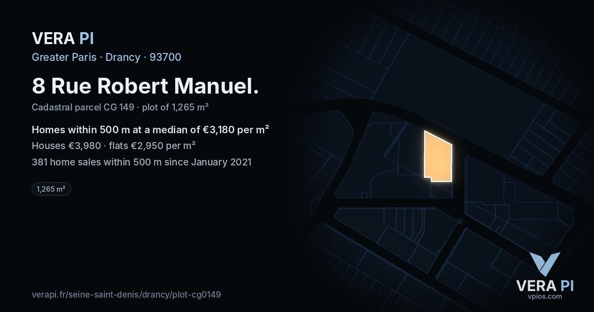 8 Rue Robert Manuel, Drancy at night – the plot lit, the parcels around coloured by the prices near them
