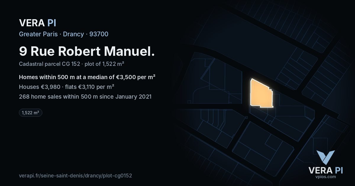 9 Rue Robert Manuel, Drancy at night – the plot lit, the parcels around coloured by the prices near them
