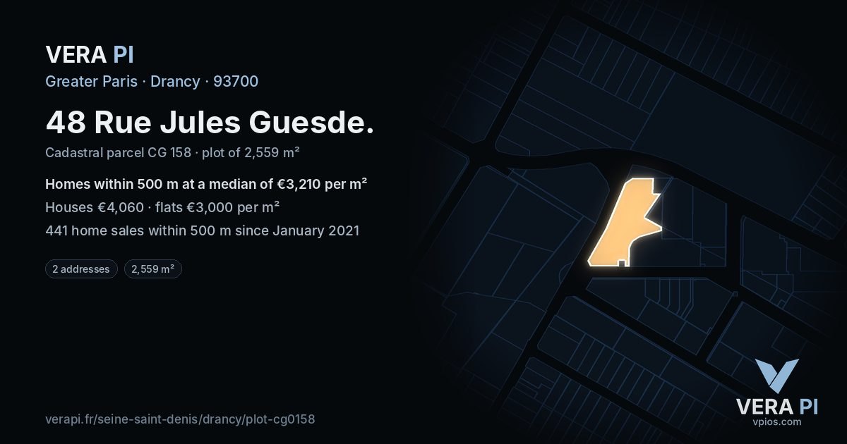 48 Rue Jules Guesde, Drancy at night – the plot lit, the parcels around coloured by the prices near them