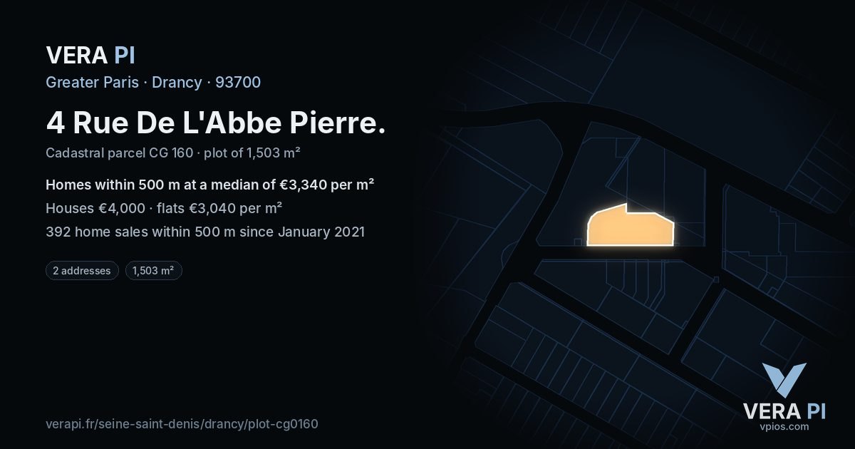 4 Rue De L'Abbe Pierre, Drancy at night – the plot lit, the parcels around coloured by the prices near them