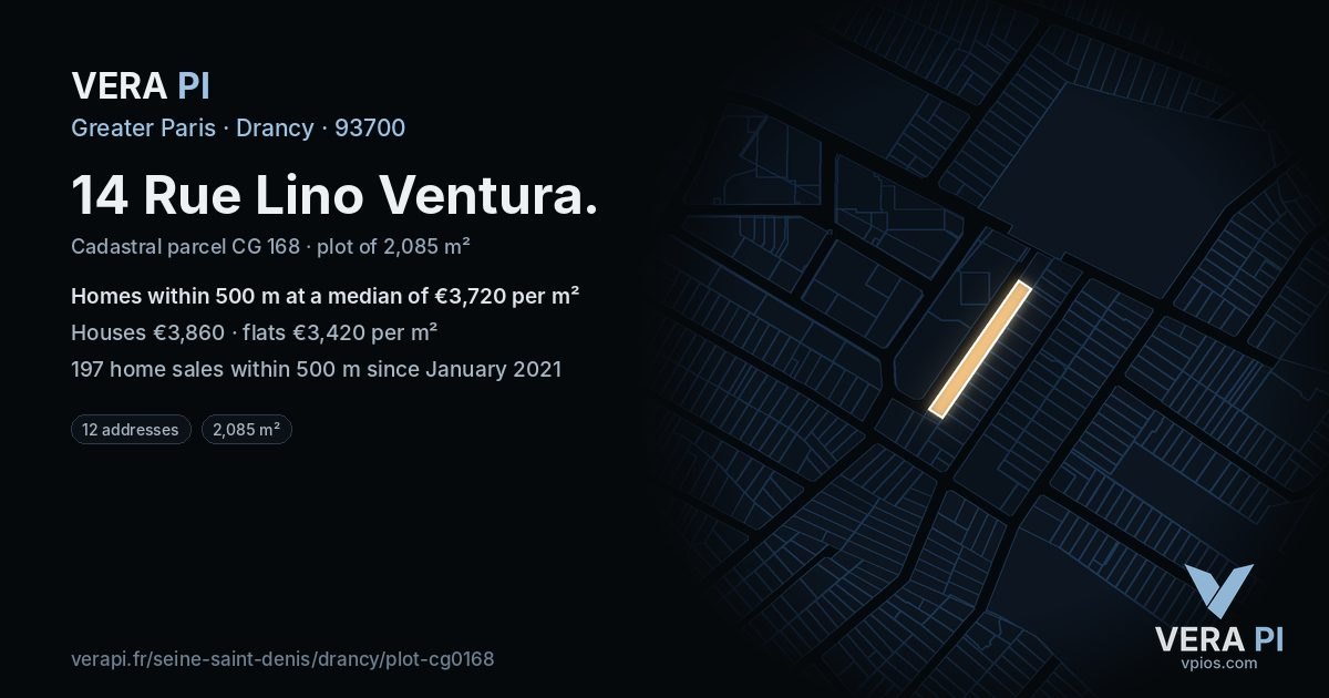 14 Rue Lino Ventura, Drancy at night – the plot lit, the parcels around coloured by the prices near them
