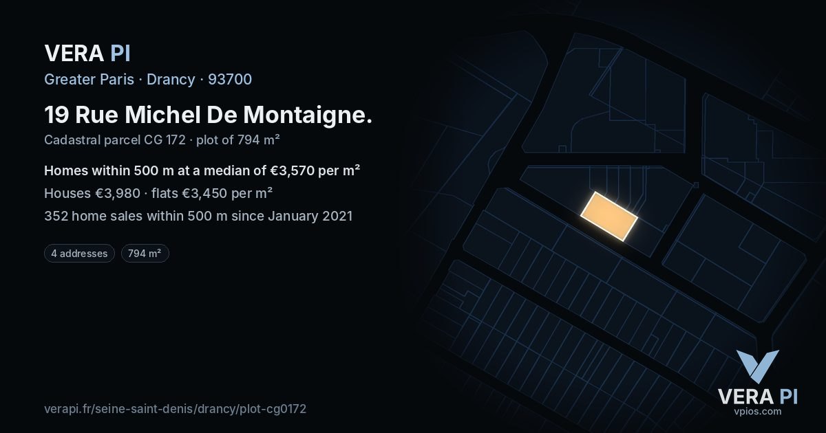 19 Rue Michel De Montaigne, Drancy at night – the plot lit, the parcels around coloured by the prices near them
