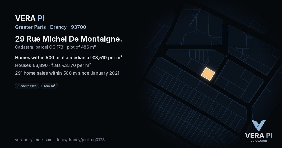 29 Rue Michel De Montaigne, Drancy at night – the plot lit, the parcels around coloured by the prices near them