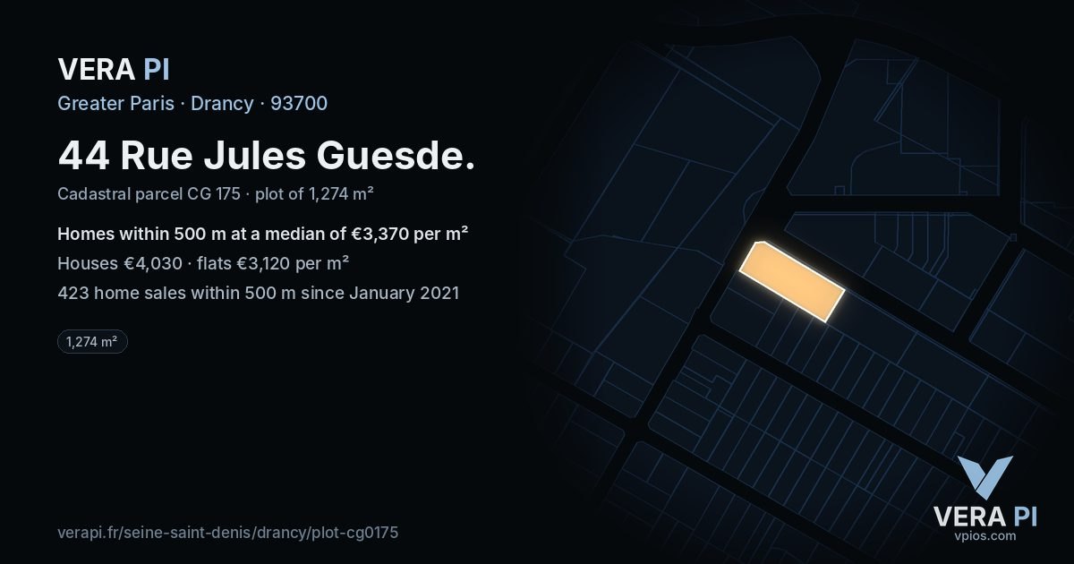 44 Rue Jules Guesde, Drancy at night – the plot lit, the parcels around coloured by the prices near them