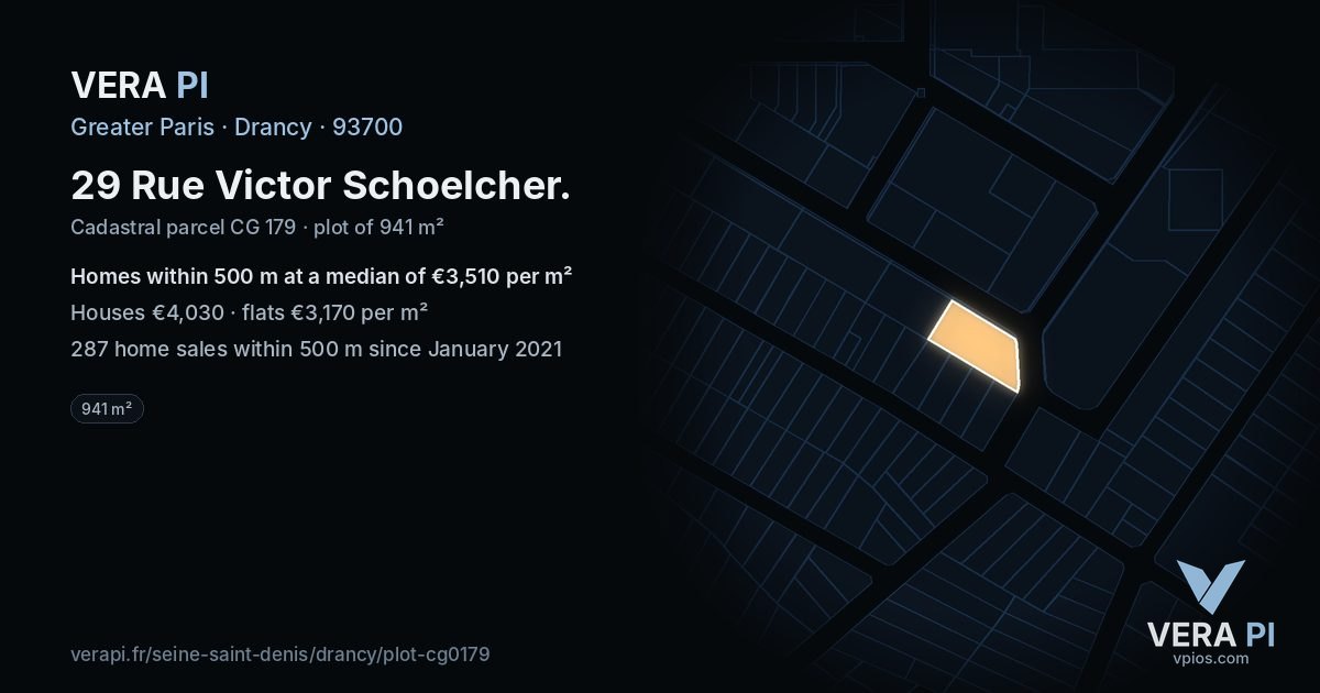 29 Rue Victor Schoelcher, Drancy at night – the plot lit, the parcels around coloured by the prices near them