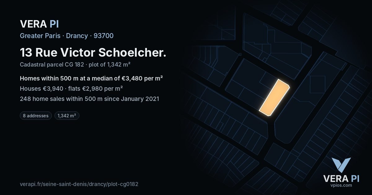 13 Rue Victor Schoelcher, Drancy at night – the plot lit, the parcels around coloured by the prices near them