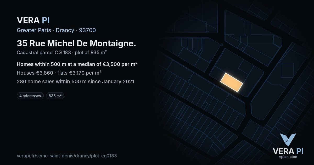 35 Rue Michel De Montaigne, Drancy at night – the plot lit, the parcels around coloured by the prices near them