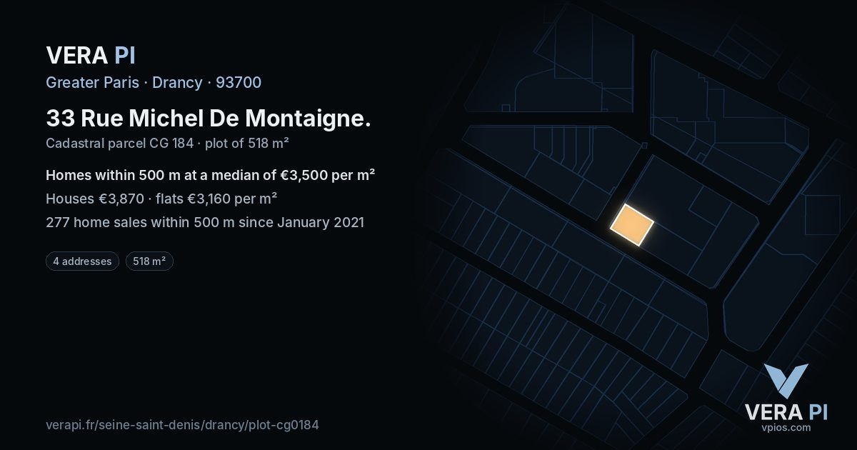 33 Rue Michel De Montaigne, Drancy at night – the plot lit, the parcels around coloured by the prices near them
