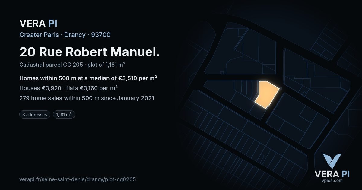 20 Rue Robert Manuel, Drancy at night – the plot lit, the parcels around coloured by the prices near them