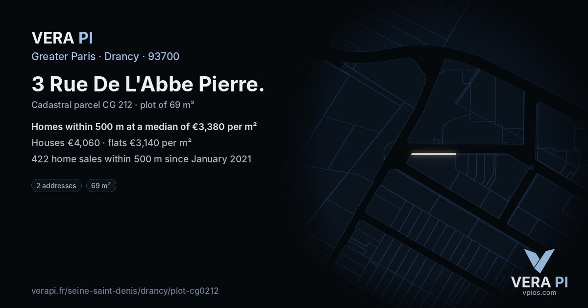 3 Rue De L'Abbe Pierre, Drancy at night – the plot lit, the parcels around coloured by the prices near them