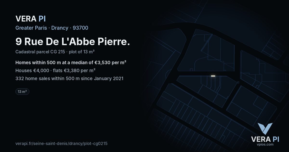9 Rue De L'Abbe Pierre, Drancy at night – the plot lit, the parcels around coloured by the prices near them