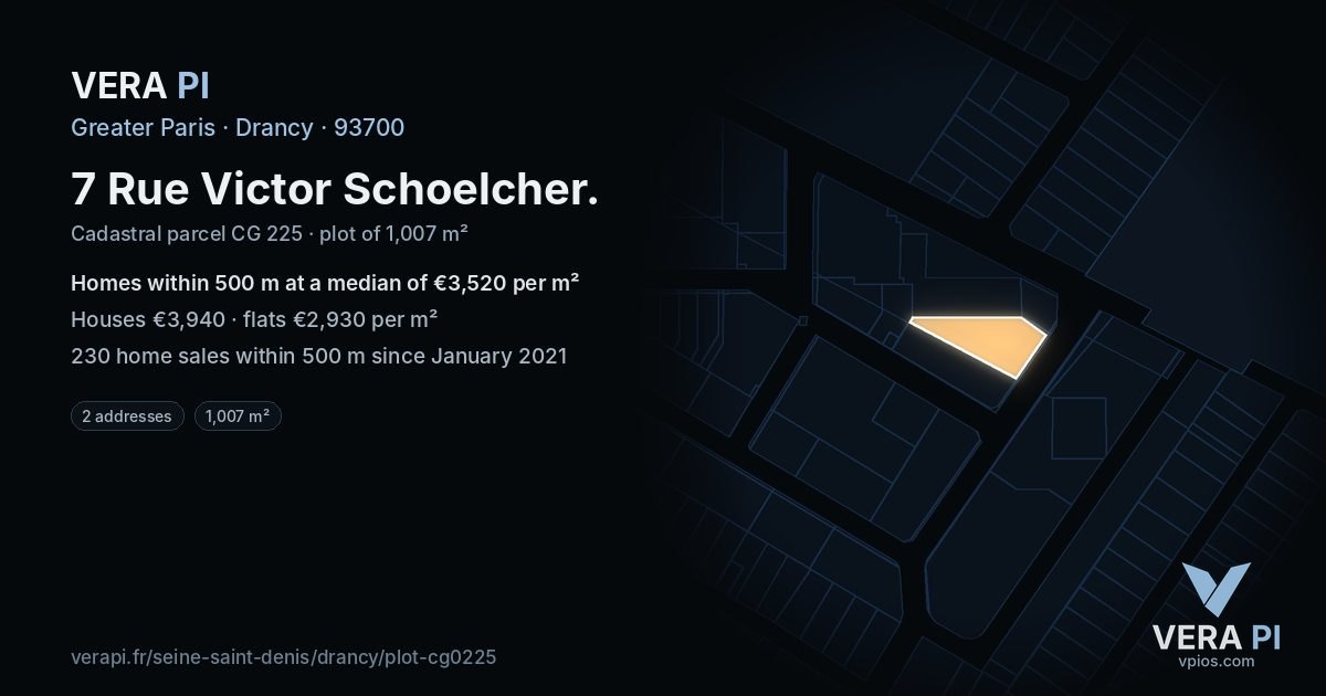 7 Rue Victor Schoelcher, Drancy at night – the plot lit, the parcels around coloured by the prices near them