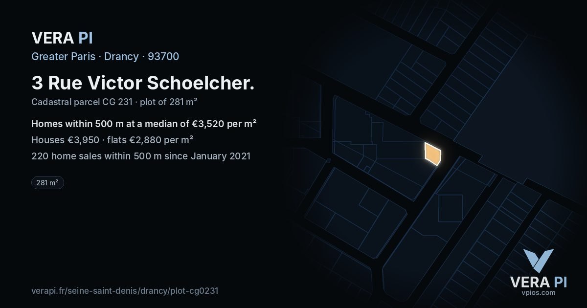 3 Rue Victor Schoelcher, Drancy at night – the plot lit, the parcels around coloured by the prices near them