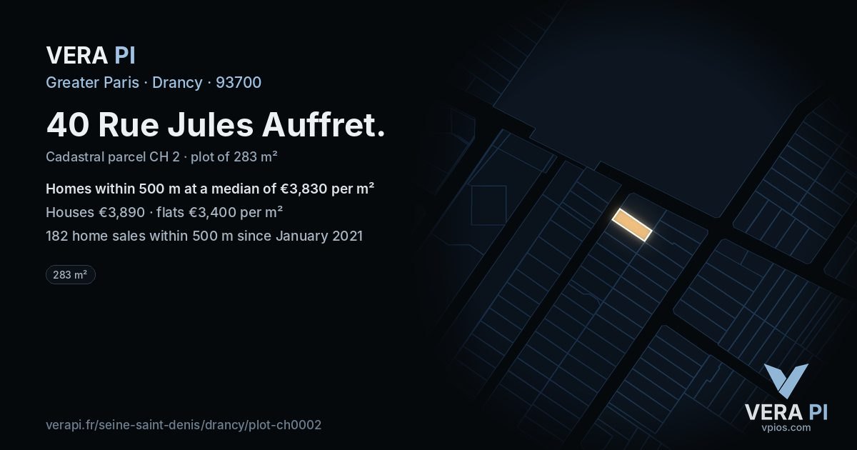 40 Rue Jules Auffret, Drancy at night – the plot lit, the parcels around coloured by the prices near them