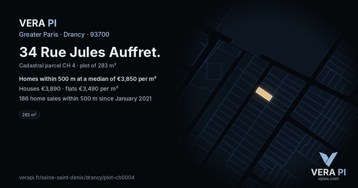 34 Rue Jules Auffret, Drancy at night – the plot lit, the parcels around coloured by the prices near them