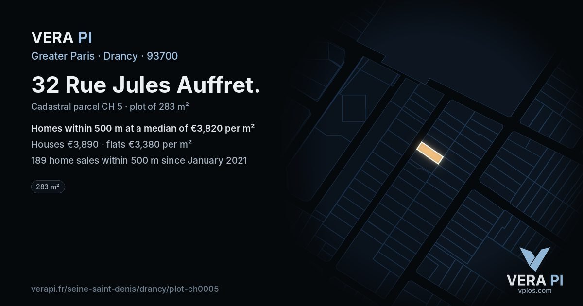32 Rue Jules Auffret, Drancy at night – the plot lit, the parcels around coloured by the prices near them