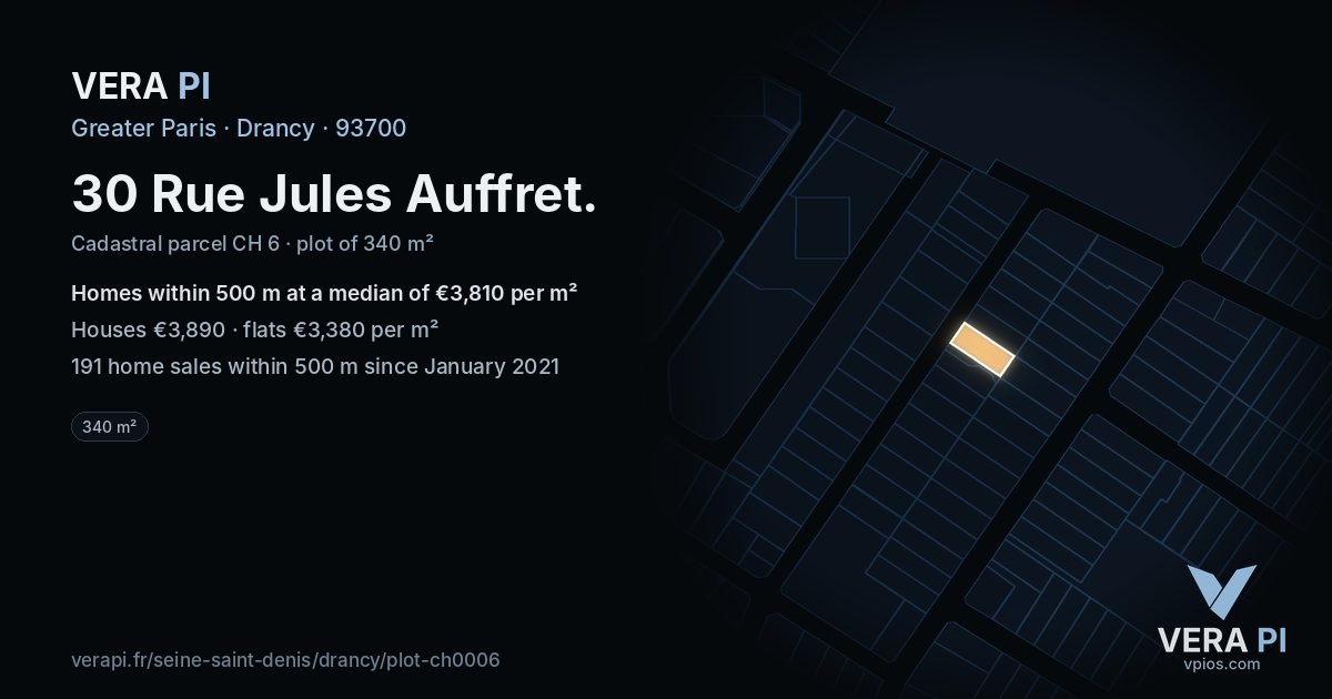 30 Rue Jules Auffret, Drancy at night – the plot lit, the parcels around coloured by the prices near them