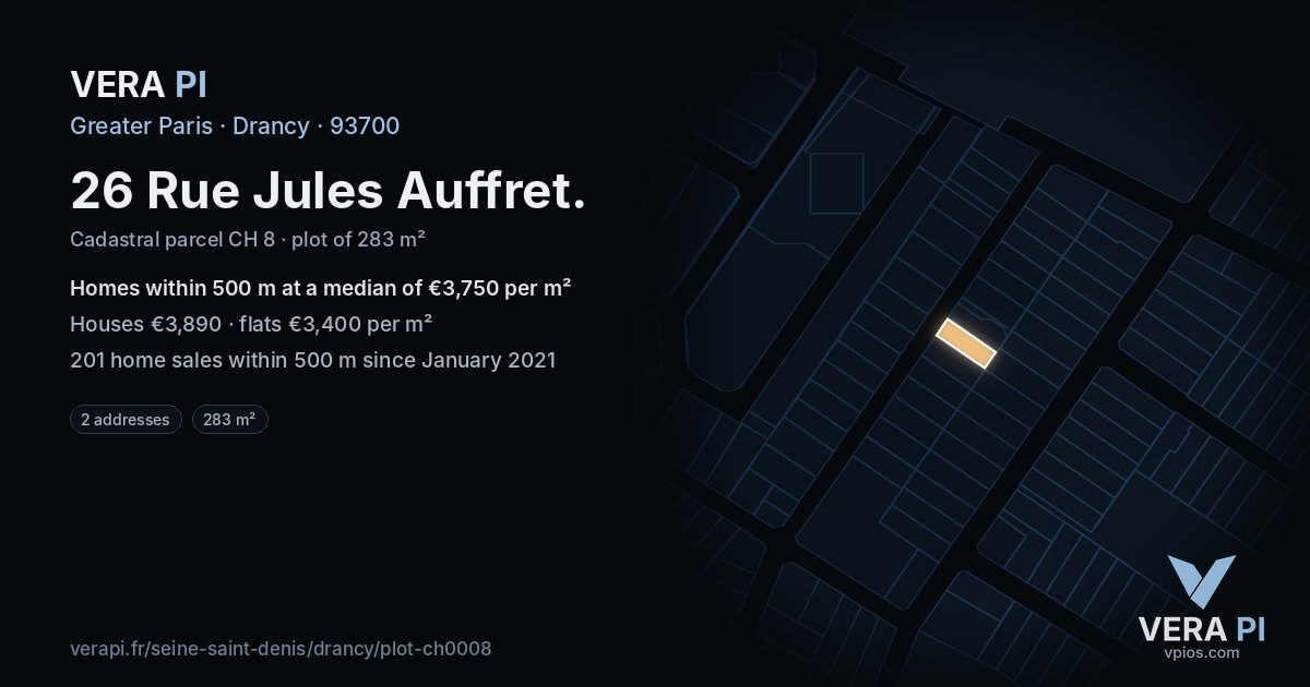 26 Rue Jules Auffret, Drancy at night – the plot lit, the parcels around coloured by the prices near them