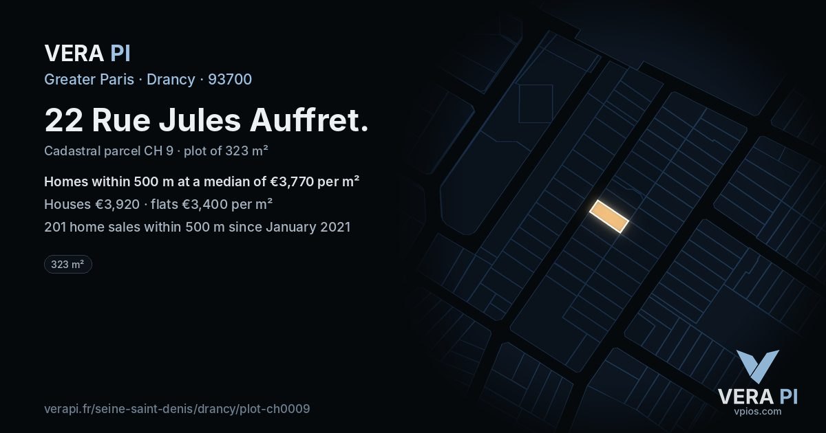22 Rue Jules Auffret, Drancy at night – the plot lit, the parcels around coloured by the prices near them