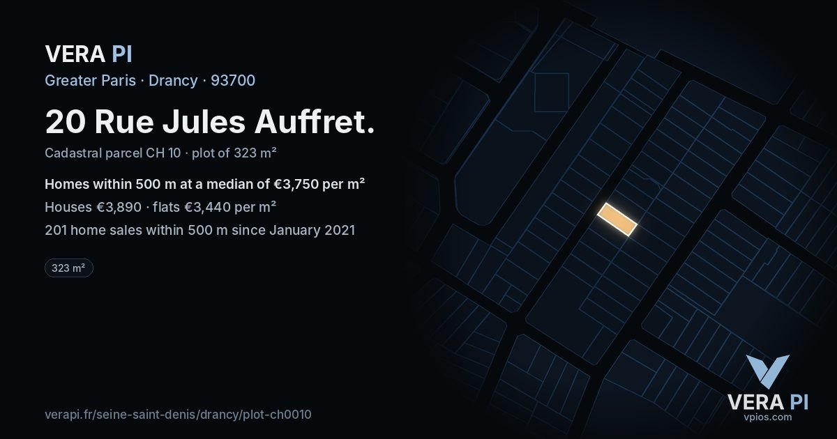 20 Rue Jules Auffret, Drancy at night – the plot lit, the parcels around coloured by the prices near them