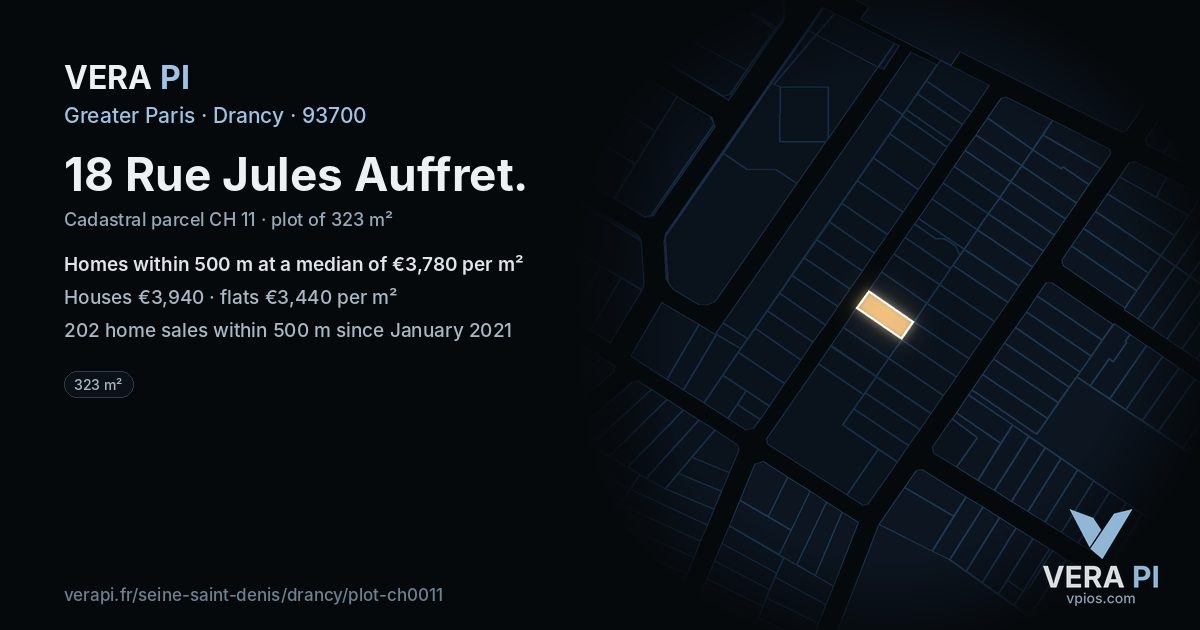 18 Rue Jules Auffret, Drancy at night – the plot lit, the parcels around coloured by the prices near them