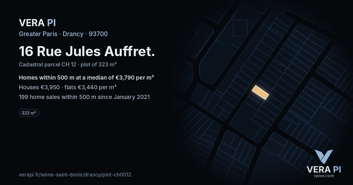 16 Rue Jules Auffret, Drancy at night – the plot lit, the parcels around coloured by the prices near them