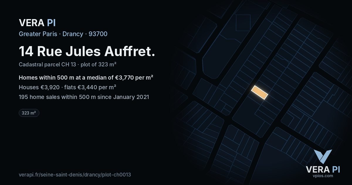 14 Rue Jules Auffret, Drancy at night – the plot lit, the parcels around coloured by the prices near them