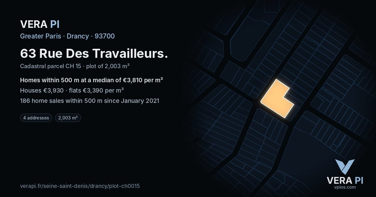 63 Rue Des Travailleurs, Drancy at night – the plot lit, the parcels around coloured by the prices near them