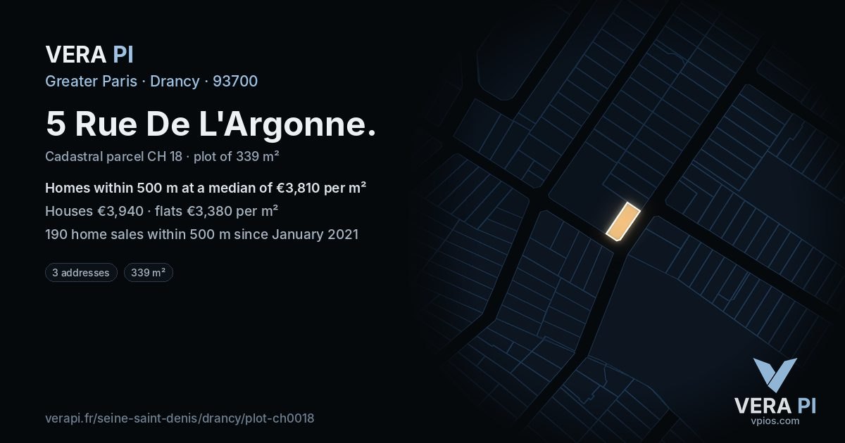 5 Rue De L'Argonne, Drancy at night – the plot lit, the parcels around coloured by the prices near them