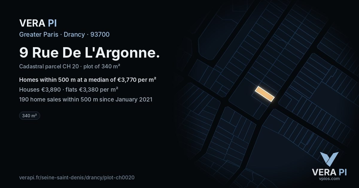 9 Rue De L'Argonne, Drancy at night – the plot lit, the parcels around coloured by the prices near them