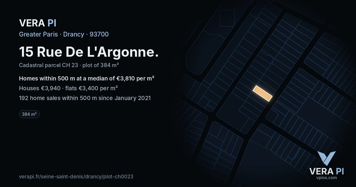 15 Rue De L'Argonne, Drancy at night – the plot lit, the parcels around coloured by the prices near them