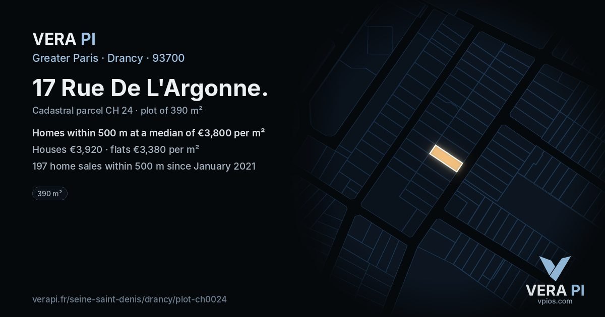 17 Rue De L'Argonne, Drancy at night – the plot lit, the parcels around coloured by the prices near them