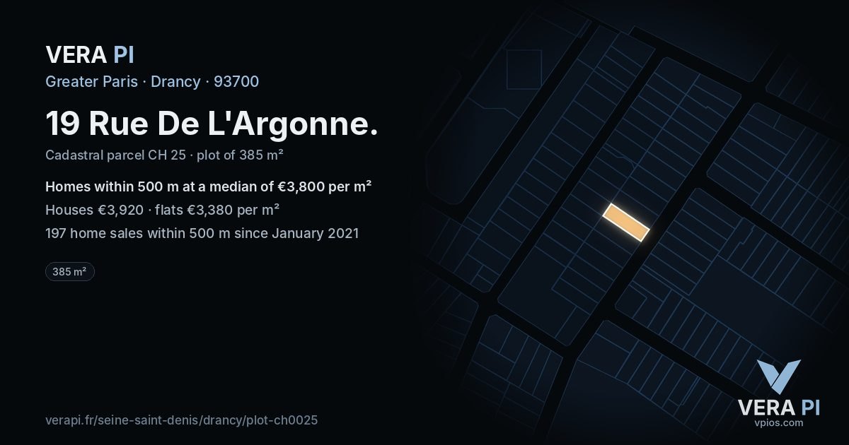 19 Rue De L'Argonne, Drancy at night – the plot lit, the parcels around coloured by the prices near them