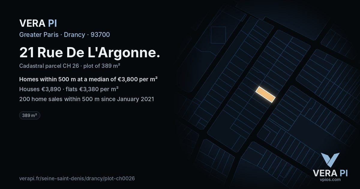 21 Rue De L'Argonne, Drancy at night – the plot lit, the parcels around coloured by the prices near them