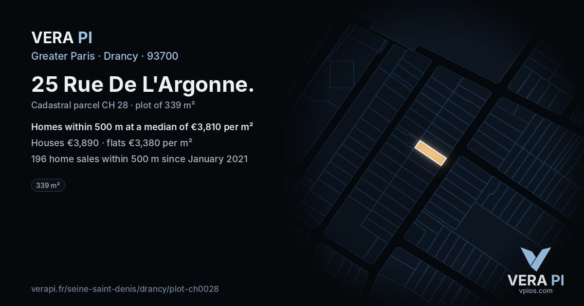 25 Rue De L'Argonne, Drancy at night – the plot lit, the parcels around coloured by the prices near them