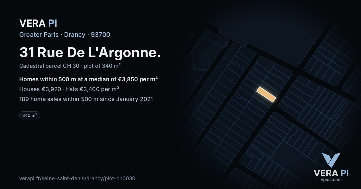 31 Rue De L'Argonne, Drancy at night – the plot lit, the parcels around coloured by the prices near them