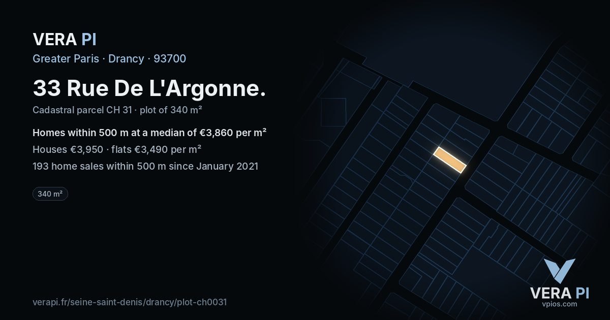 33 Rue De L'Argonne, Drancy at night – the plot lit, the parcels around coloured by the prices near them