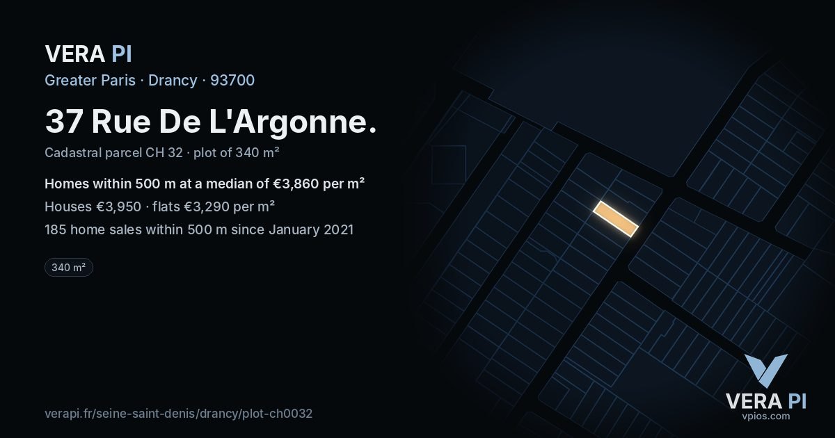 37 Rue De L'Argonne, Drancy at night – the plot lit, the parcels around coloured by the prices near them