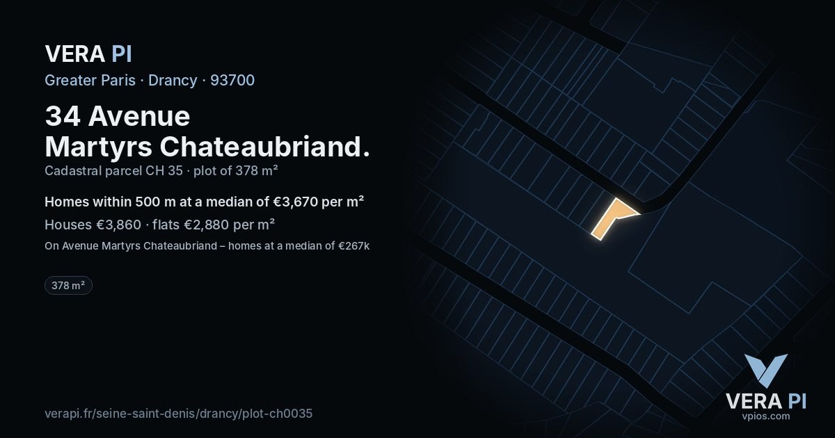 34 Avenue Martyrs Chateaubriand, Drancy at night – the plot lit, the parcels around coloured by the prices near them