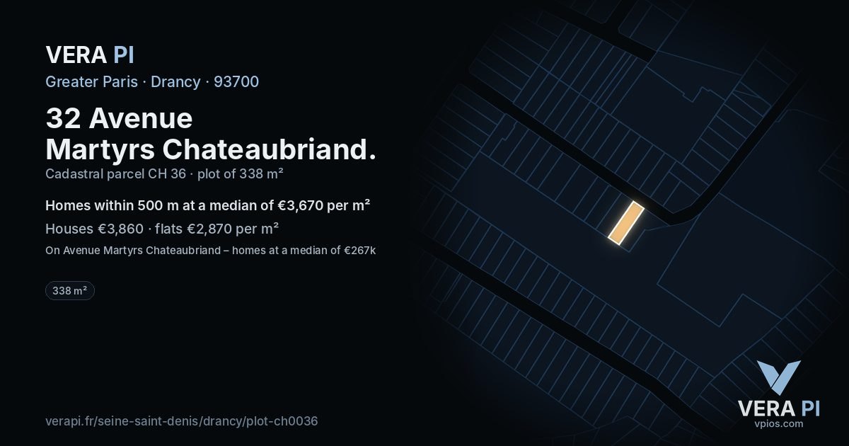 32 Avenue Martyrs Chateaubriand, Drancy at night – the plot lit, the parcels around coloured by the prices near them