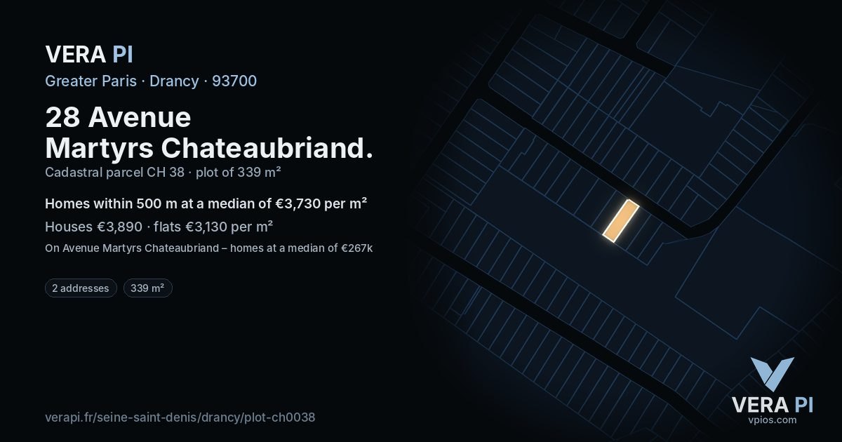 28 Avenue Martyrs Chateaubriand, Drancy at night – the plot lit, the parcels around coloured by the prices near them