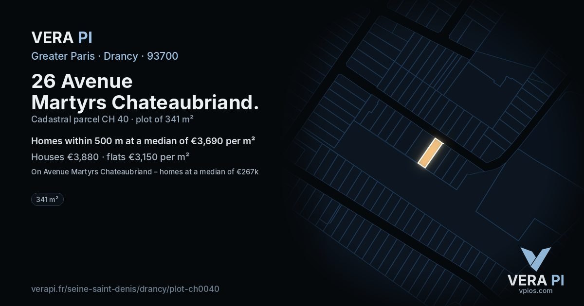 26 Avenue Martyrs Chateaubriand, Drancy at night – the plot lit, the parcels around coloured by the prices near them